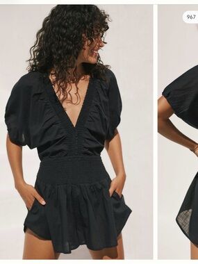 Anthropologie Deep V Smocked Waist Romper